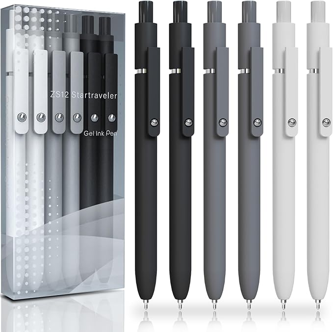 Gel Pens, 6 Pcs 0.5mm Fine Point Black Ink Pen With Smooth Writing, Office Desk Accessories, School Supplies Gifts for Men Women, Quick Dry Pens Ballpoint For Journaling, Black/Gray/White