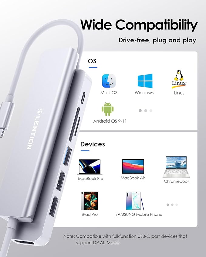 LENTION USB C Hub with 100W Charging, 4K HDMI, Dual Card Reader, USB 3.0 & 2.0 Compatible MacBook Pro, New Mac Air/Surface, Chromebook, More, Stable Driver Adapter (CB-CE18, Silver)