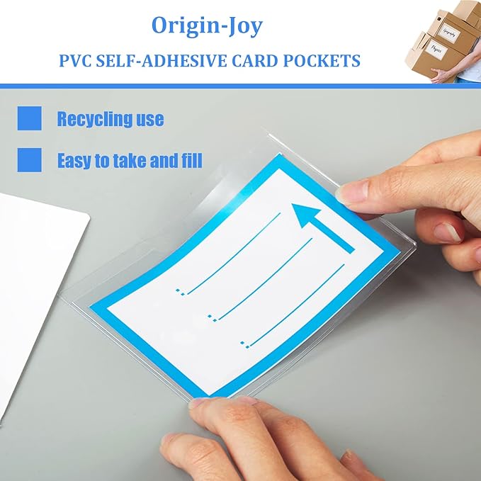 Origin-Joy 25 PCS Self-Adhesive Index Label Pockets, Clear Plastic Peel & Stick Card Holders with Top Open for Loading (5 x 5 inch)