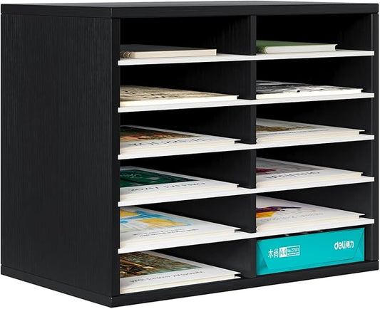 PAG Countertop Mail Sorter Organizer, Wooden Literature Organizer, Student Mailbox for Classroom, Desktop Bill Organizer for Office Home School, 12 Compartments, Black&White