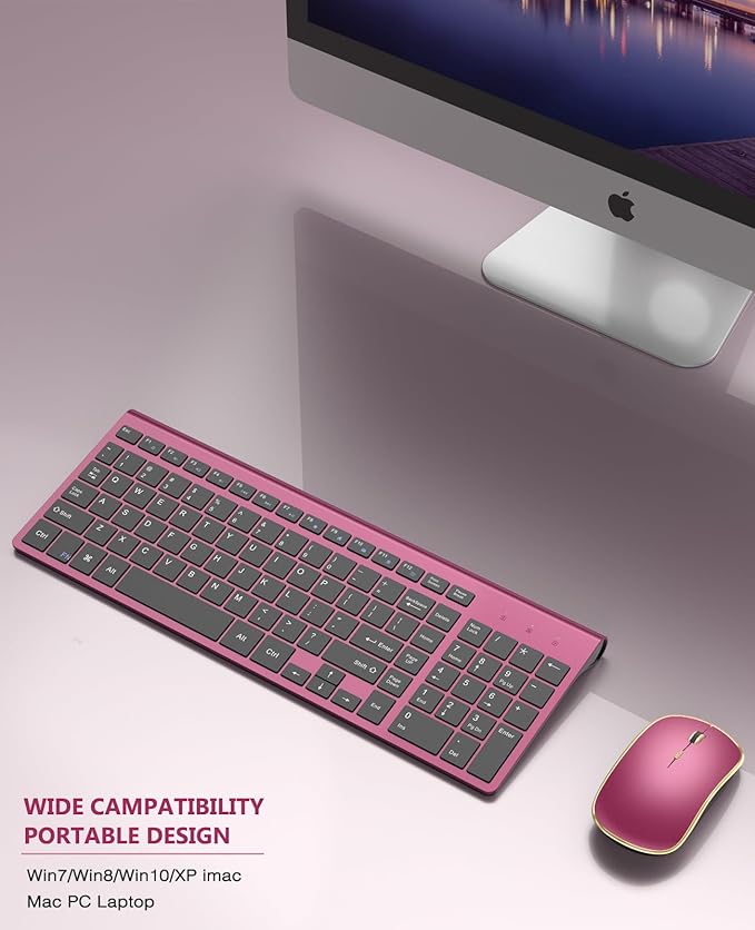 Wireless Keyboard Mouse Combo,J JOYACCESS 2.4G Compact and Ultra Slim Wireless Keyboard and Mouse for Windows, Computer, Desktop, PC, MacBook Air, Laptop-Wine Red