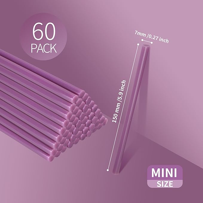 MATUFF light purple Hot Glue Sticks Mini 0.27" x 5.9 inches, Hot Melt Mini Glue Sticks Colored for All Temperature Mini Glue Guns, for Craft Arts and Wedding Cards Stamp Sealing, Bulk hot Glue 60 Pack
