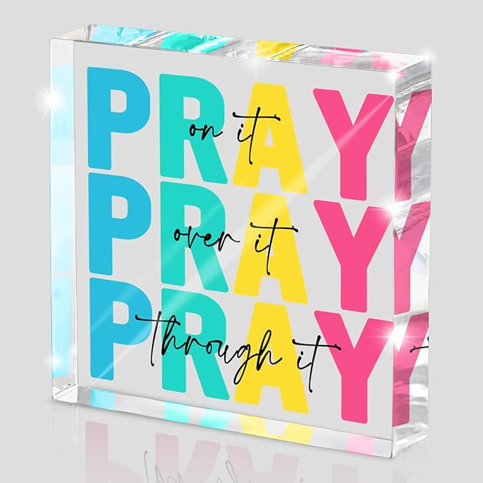 Multicolor Dorm Room Decor for Women, Office Decor for Women, Christian Gifts Desk Bedroom Bible Verse, Desk Decorations for Office, Pray on It Over It Through It, 4 x 4 inch