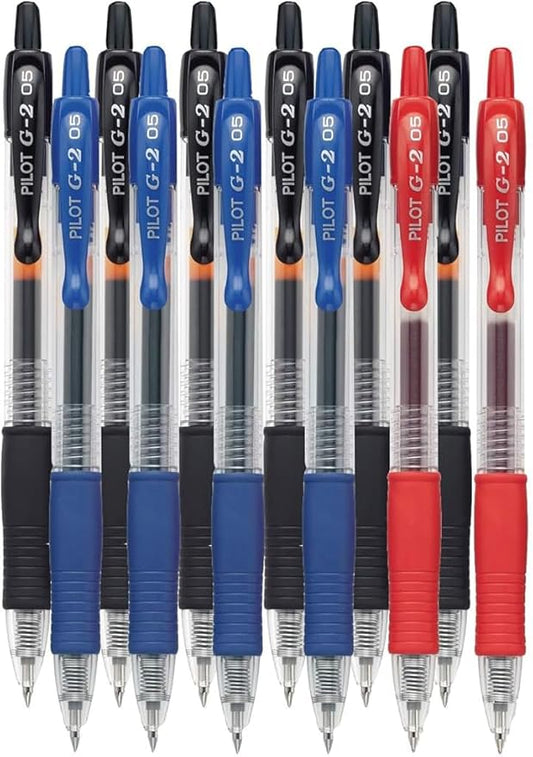 G2 Retractable Premium Gel Ink Roller Ball Pens Extra Fine Point (.5mm) Black/Blue/Red Ink 12 pack; Refillable & Premium Comfort Grip Bundle with Plastic Reusable Pouch