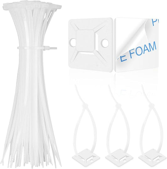 Zip Tie Mounts - SeuYeugX 100 PCS Cable Self Adhesive Mounts Set for Wire Management with Stick Pads Anchors Clips Squares Holders (White)