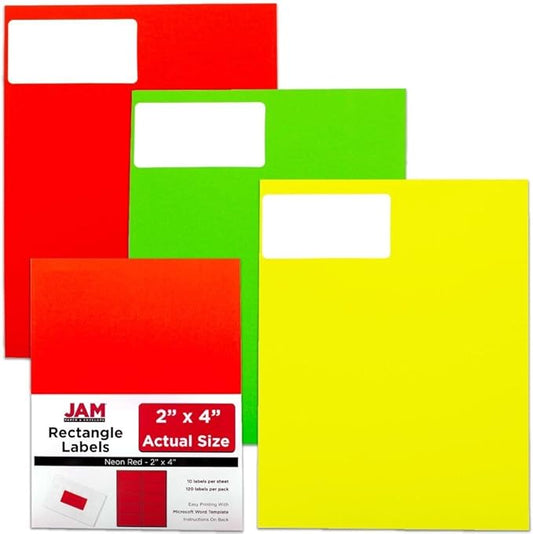 JAM PAPER Shipping Address Labels - Standard Mailing - 2 x 4 - Assorted Bright Neon Fluorescent - 6 Packs of 20 Labels - 120 Labels Total