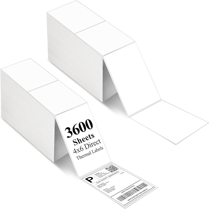 LotFancy 4x6 Thermal Labels, 3600 Shipping Labels Fanfold, 2 Stacks (1800 PCS per Stack), Perforated Mailing Postage Label, Permanent Adhesive, Address Label Compatible with Zebra, Rollo, Munbyn