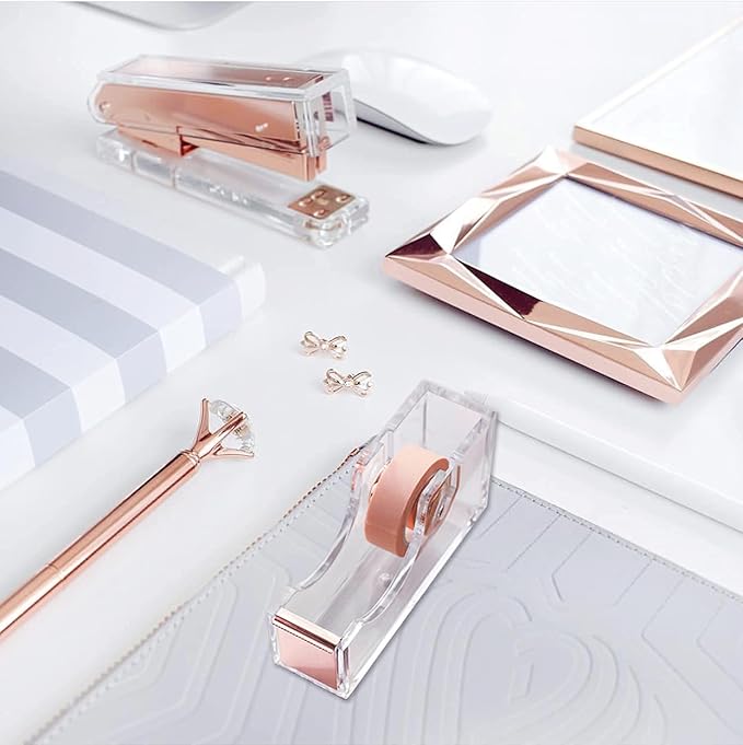 Acrylic Rose Gold Tape Dispenser Desktop Stapler, Acrylic Office Supplies Includes Staple Remover, Tape, 1000pcs Staples Desk Accessory Kit, Modern Clear Stationery Kit for Everyday Office Needs