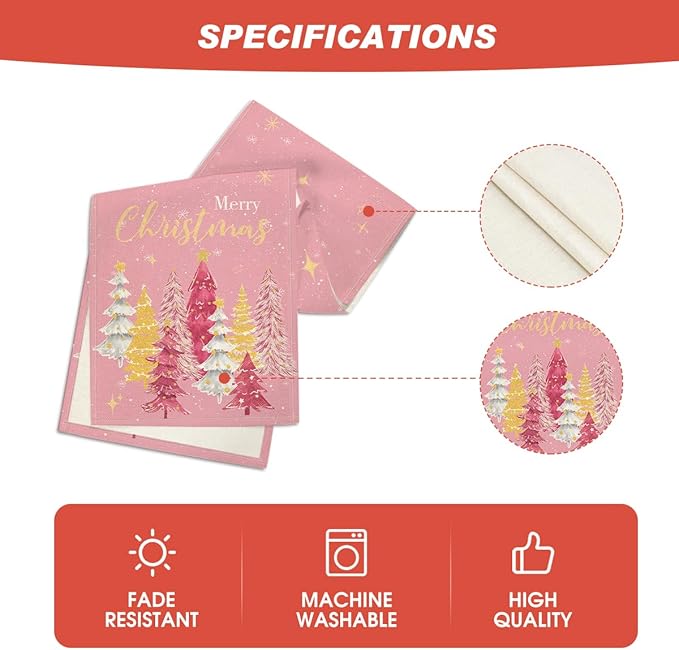 Artoid Mode Xmas Trees Merry Christmas Table Runner, Seasonal Winter Pink Kitchen Dining Table Decoration for Home Party Decor 13x72 Inch