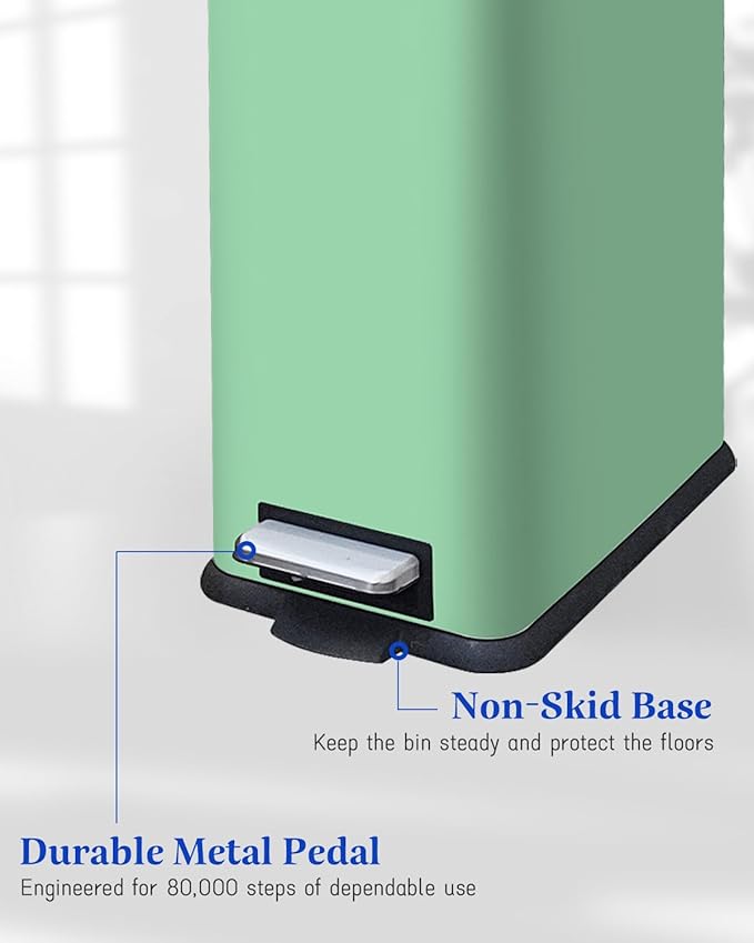 Rubbish Bin with Lid, 10 L, Stainless Steel Bathroom Waste Bin, Small Waste Bin, Pedal Bin, Stainless Steel for Bathroom, Bedroom and Office, Green
