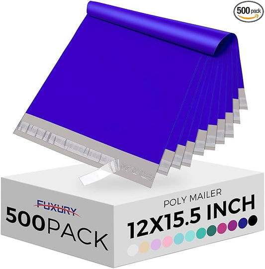 Fuxury Poly Mailers 12x15.5 Inch 500 Pcs, Bulk Shipping Bags for Clothing, Strong Adhesive Shipping Envelopes for Small Business Suppliers,Waterproof Mailers Poly Bags Mailing Envelopes Blue