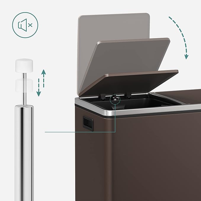 SONGMICS Trash Can, 2 x 8 Gallon (2 x 30 L) Garbage Can for Kitchen, with 15 Trash Bags, 2 Compartments, Plastic Inner Buckets and Hinged Lids, Airtight, Brown ULTB60BR