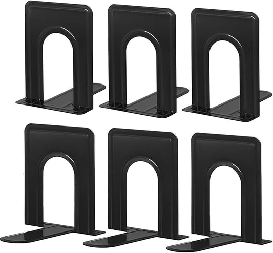 HappyHapi Book Ends, Metal Bookends for Shelves, Non-Skid Book End to Hold Books, Black Book Stopper/Holder for Office Home Kitchen, 5.7X 4.9 X 6.5 in, 3 Pair(6 Pcs, Large)