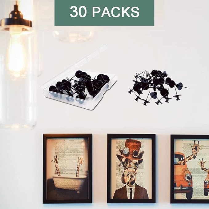 30 PCS Push Pins Picture Hangers Wall Hooks, Double Headed Thumb Tacks for Wall Hangings, Renter Friendly Decor Small Picture Frame Hangers for Drywall Cork Board Home Office Photo Decorations(Black)