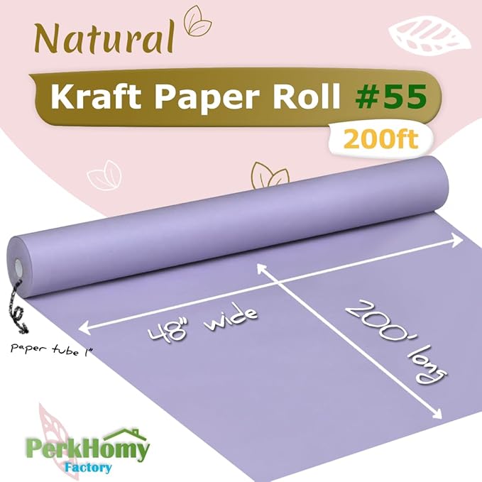 PerkHomy 48" x 2,400" (200') Light Purple Kraft Paper Roll for Craft Bulletin Board Paper Art Table Covering Crafting Gift Wrapping Bouquet Packing Parcel 80GSM 55LB (Light Purple, 48" x 200')