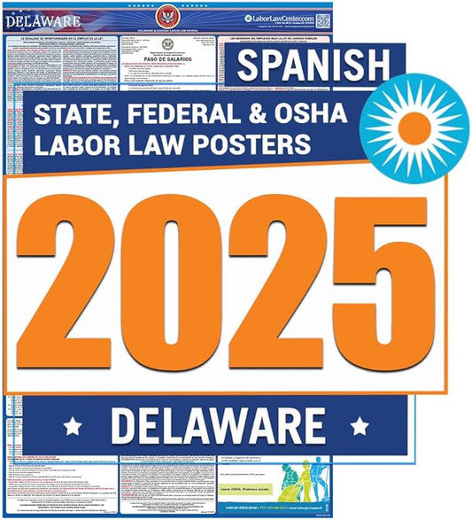 Delaware Labor Law Poster 2025- State, Federal, OSHA Compliant - Workplace Required Posting for Employees - Spanish OSHA Poster - UV Laminated Waterproof - 26” x 39.5” - Spanish