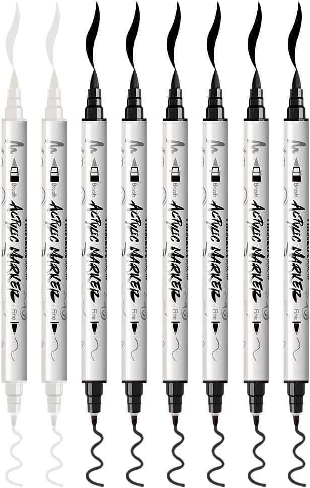 TRANSON 6 Black and 2 White Paint Markers Brush and Fine Dual-tip Acrylic Paint Marker for Rock Glass Canvas Wood Leather Ceramic DIY Painting