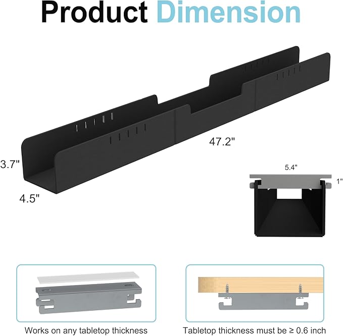 Cable Management for Under Desk,47.2" Standing Desk Cord Management Tray,Upgraded Thickened Felt Cord Organizer Tray for Office, Home, Self-Adhesive Or Bracket Mount Cable Holder,Black