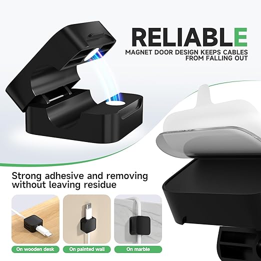 12 Black Magnetic Cable Clips,Under Desk Cable Management,Cord Holder for Nightstand Home Office Car Phone Wall,2025 Adhesive Cord Organizer[0.45" in Ht Save Space/Versatile for Wire Up to 0.27" OD]