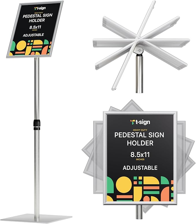 Adjustable Heavy Duty Pedestal Sign Holder Poster Stand - 8.5x11 Inch Vertical & Horizontal Sign Stand Displayed Poster Holder, Square Base Sign Stands for Display, Advertisement & Outdoor Sign Holder