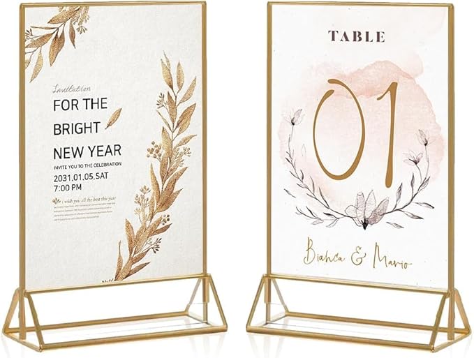 16 Pack Gold Acrylic Sign Holder, 5x7 Inch Picture Frames Wedding Double Sided Display Clear Sign Holders Stand Desktop Table Menu for Wedding Party Restaurant