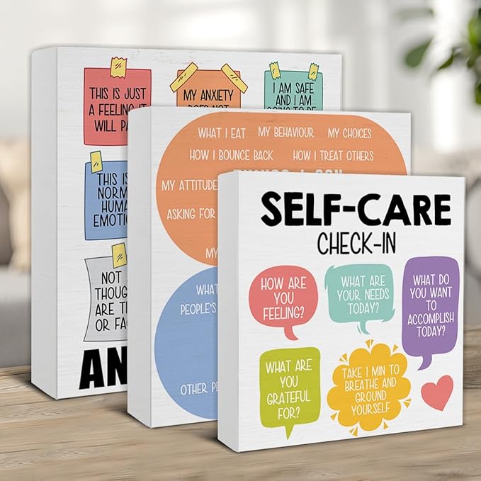 3 Pcs Mental Health Wood Signs Decor Psychology Wood Block Signs Anxiety Coping Statements Things I Can Control Self Care Wooden Box Signs Home Therapy Office Decorations for Tiered Tray Desk Shelf
