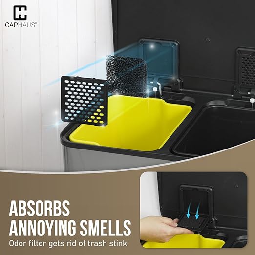 CAPHAUS Dual Trash Can with Lid, Trash and Recycling Bins Combo for Kitchen, Hands-Free Stainless-Steel Garbage Can with 2 Compartment, Hinged Lid, Odor Filter, Handles, 25L+25L, 2 x 6.6 Gallon