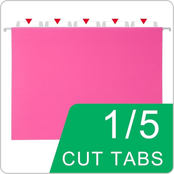 50 Packs Hanging File Folders,Pink Letter Size File Folder,Designed for Bulky Files,Filing Cabinet,1/5 Adjustable Tabs for Office,School,Home