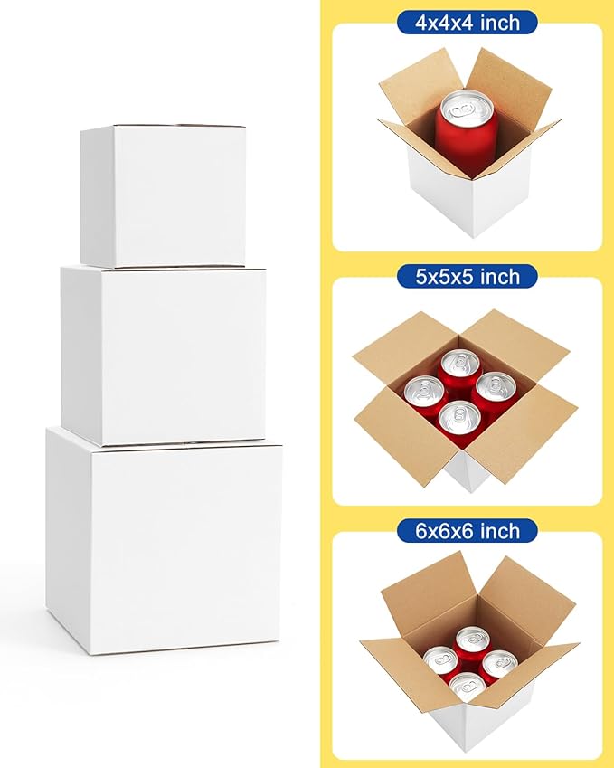Assorted-Sizes-Shipping-Boxes-45-Pack: 4x4x4 & 5x5x5 & 6x6x6 Small-Shipping-Boxes-Mailers, White Corrugated-Cardboard-Boxes-for-Packing-Small-Business Mailing