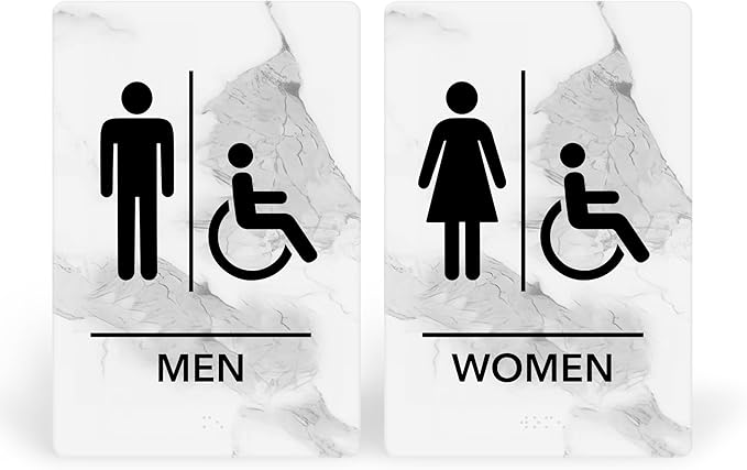 Promot Men and Women Handicap Restroom Sign – ADA Braille Bathroom Sign for Business, Self-Adhesive, 9" x 6", Commercial Door Signage, Office Wall Decor - Marble Quartz