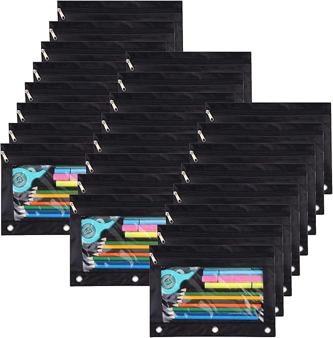 YoeeJob Pencil Pouch for 3 Ring Binder, Binder Pouches with Zipper Bulk, Pen Holder Case with Clear Window School Class Office Organizers, 24 Pack, Black