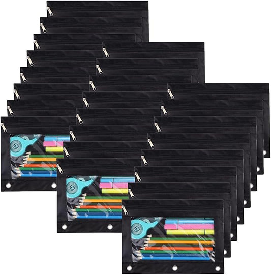 YoeeJob Pencil Pouch for 3 Ring Binder, Binder Pouches with Zipper Bulk, Pen Holder Case with Clear Window School Class Office Organizers, 24 Pack, Black