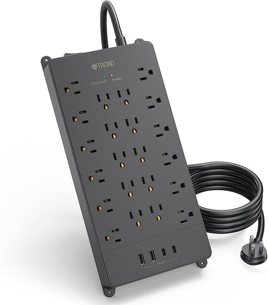 TROND Surge Protector Power Strip, 22 Widely Spaced Outlets with USB Ports, Wall Mount, 4000 Joules, ETL Listed, 10 ft Flat Plug Heavy Duty Extension Cord for Home, Office, Dorm Essential, Black