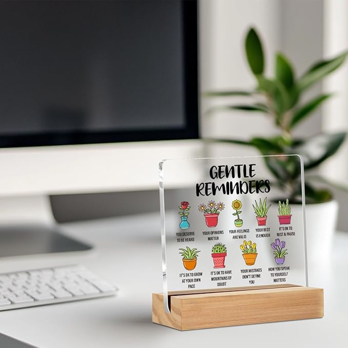 Gentle Reminders Acrylic Sign Decor, Positive Affirmations Desktop Art Decorations for Home Therapy Office, Cute Potted Plants Acrylic Plaque, Shelf Cubicle Decor for Therapy Desktop Art Decoration