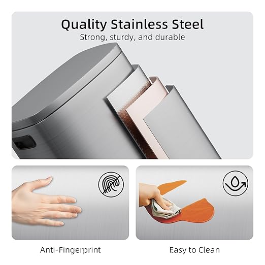 KUK 13 Gallon/50L Stainless Steel Kitchen Trash Can with Lid and Step Pedal-Large Capacity Garbage Bin with Odor Seal, Silent Close Lid, Removable Inner Bucket, Titanium Silver
