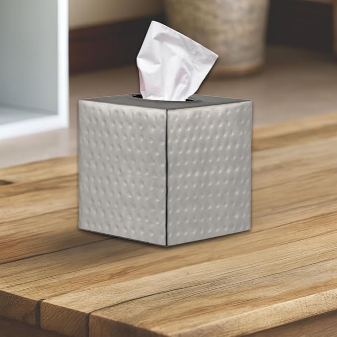 Monarch Abode Hand Hammered Tissue Box Cover Square, Pewter Tissue Holder for Bathroom, Square Metal Dresser Accessories for Home, Decorative Tissue Box Holder, Pewter Handcrafted Tissue Cover