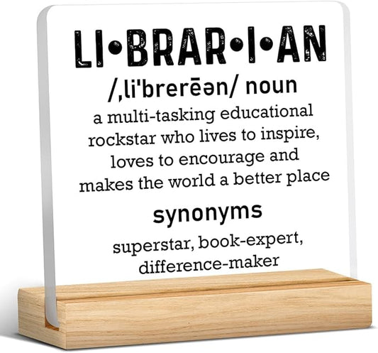 Librarian Gifts for Women Men, Birthday Gifts for Book Lover Bookworm, Librarian Definition Acrylic Desk Sign Decor