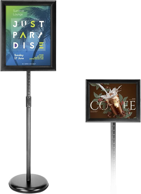 SENZHIYI Adjustable Poster Sign Stand Holder Heavy Duty Snap Open Aluminum Pedestal Floor Standing Sign Holder Vertical and Horizontal View Sign Displayed (Black, 11X17inches)