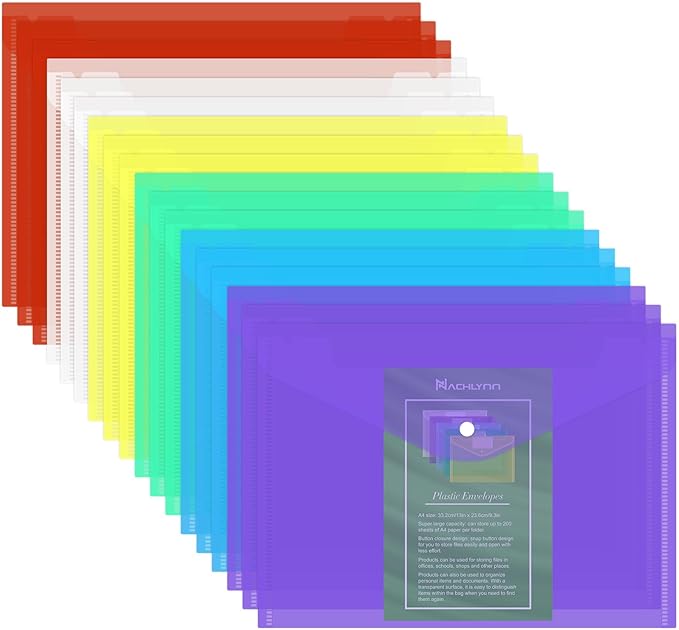 NACHLYNN 18 Pack Plastic Envelopes Poly Envelopes with Snap Closure A4 Size Clear Document File Folders Organizers Assorted Color File for School Office Supplies