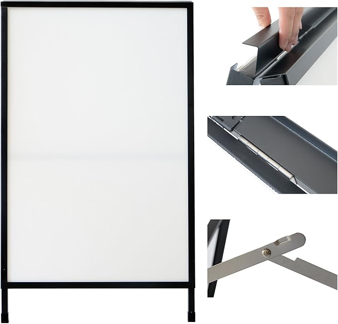 T-SIGN Outdoor A-Frame Sidewalk Sign 24x36 Inch Sandwich Board, Black Coated Steel Metal Double-Sided, Heavy Duty Slide-in Folding Frame Sign Holder, 2 Corrugated Plastic Poster Boards, Display Stand