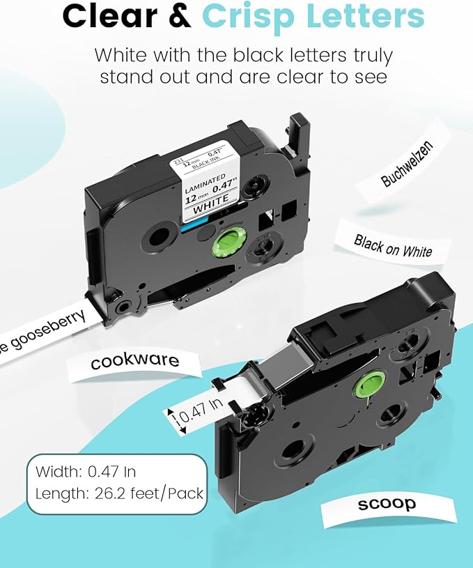 Replacement for P Touch Label Tape 12mm 0.47 Laminated White TZe-231 Compatible with Brother Label Maker Refills TZe231 TZ231 for PT-D200 PT-D210 H110 1280 2030, ½”(0.47”) x 26.2 ft. (8m), 20-Pack