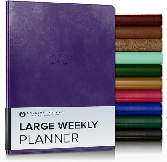 Gallery Leather Large Weekly Monthly Planner 2025-2026, Elegantly Bound Calendar Planner and Notebook with Stylish Gold-Gilded Page Edges, 12 Months - Acadia Plum - 9.75 x 7.5 "