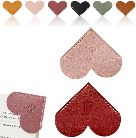 Personalized Leather Heart Bookmark, 26 Letters Customized Corner Book Mark for Reading Women, Book Marker with Initials，Cute Gifts (Red+Light Pink, F)