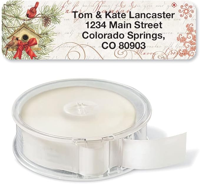 Joyelle Christmas Rolled Personalized Return Address Mailing Labels with Dispenser, Set of 250, 5 Designs, Small ¾ x 2½ Inch Size, Custom Self-Adhesive Sticker Roll, by Colorful Images