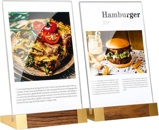 Acrylic Sign Holder 8.5x11 Inch with Wood-Color Base, Tabletop Display Sign Frame Vertical Clear for Store/Coffee Shop/Restaurant Menu Display Hotel/Office Show Exhibitions Holder, 2 Pack L Shape