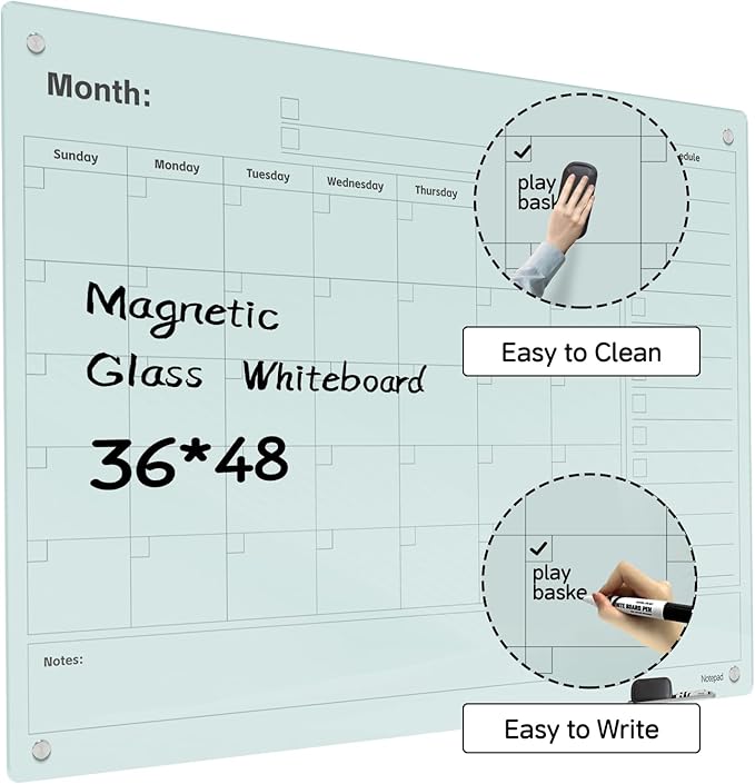 Magnetic Glass Dry Erase Board Calendar- White Board 48 x 36 Inch Wall Mounted Monthly Whiteboard, Large Frameless Glass White Board for Wall Office, Home & School