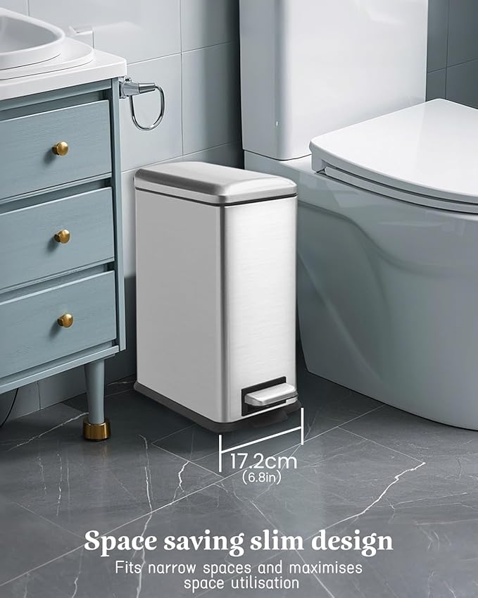 Rubbish Bin with Lid, 10 L, Stainless Steel Waste Bin, Bathroom, Pedal Bin, Stainless Steel for Bathroom, Bedroom and Office