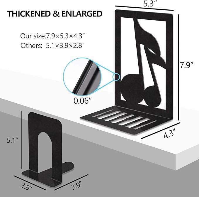 Book Ends,Metal Bookend,Bookend Decorative Heavy Book Ends for Shelves, Home Decorative Bookends for Heavy Books,Non-Skid Musical Note Bookshelf Holder