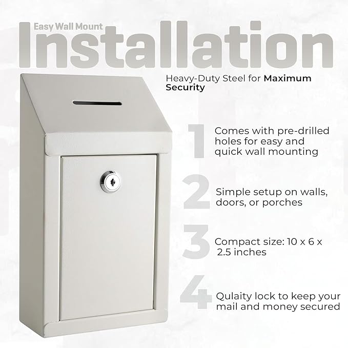 Metal Donation Box-Suggestion Box with Slot and lock-Cash Lock box for Money-Drop Box-Outdoor Waterproof Mailbox and ballot box-comes with pre-drilled holes for easy wall mounting 10 X 6 X 2.5"(White)