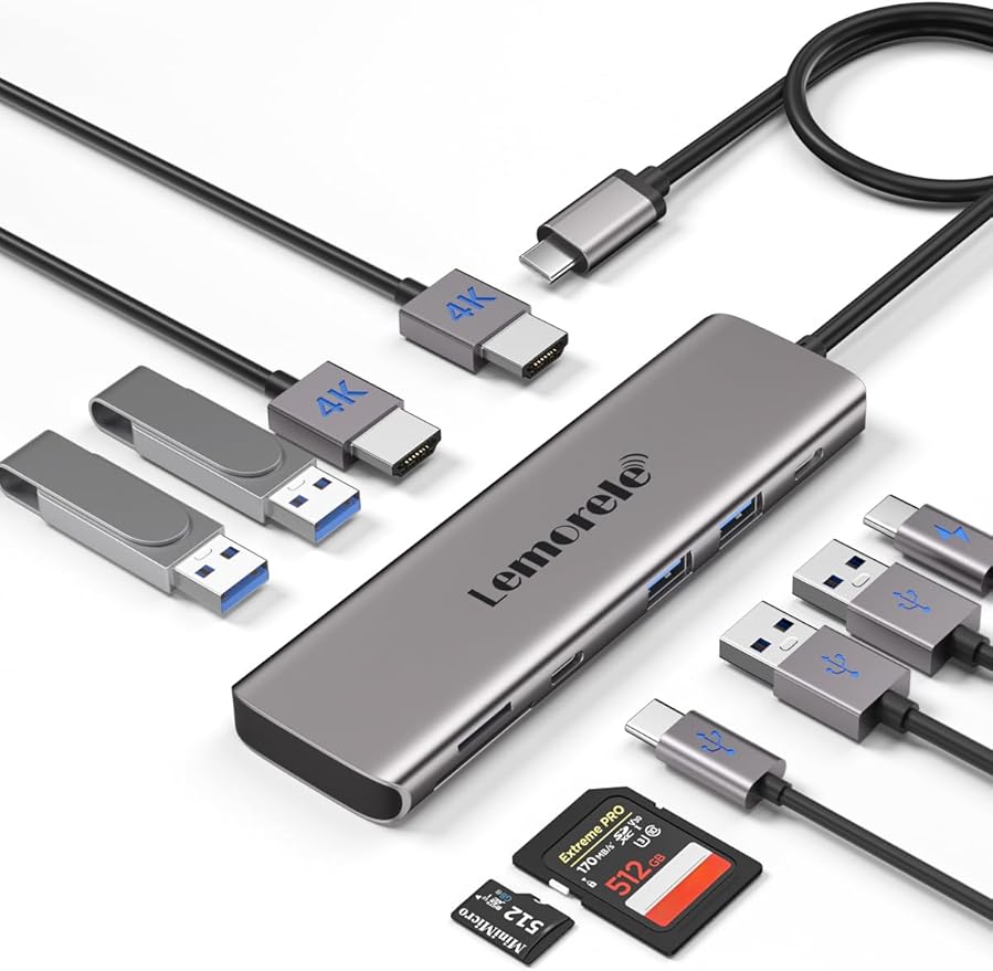 Lemorele Aluminum 10-in-1 USB C Docking Station Dual Monitor w/2 HDMI 4K, 4 USB3.0/USB2.0, 100W PD, USB-C Data, SD/TF, Type-C Hub Adapter for Dell XPS 13/15, for MacBook, Dell, HP, Lenovo Yoga,etc